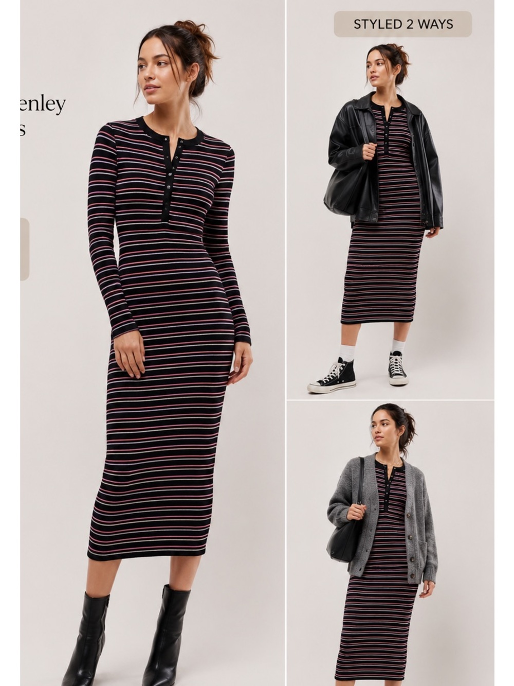 ATM Anthony Thomas Melillo Black Multi Stripe Rib Henley Midi Dress